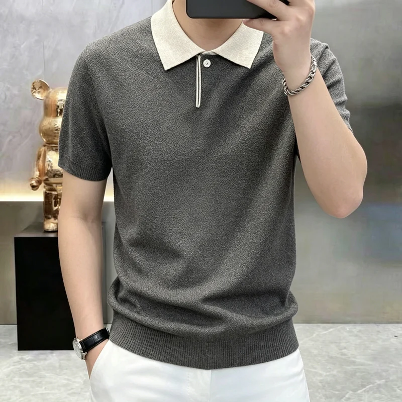 2026 Summer Men's Color-Plaid Collar Short-Sleeved Knitted Stretch Casual Multi-Functional Lightweight Short-Sleeve T-Shirt Polo