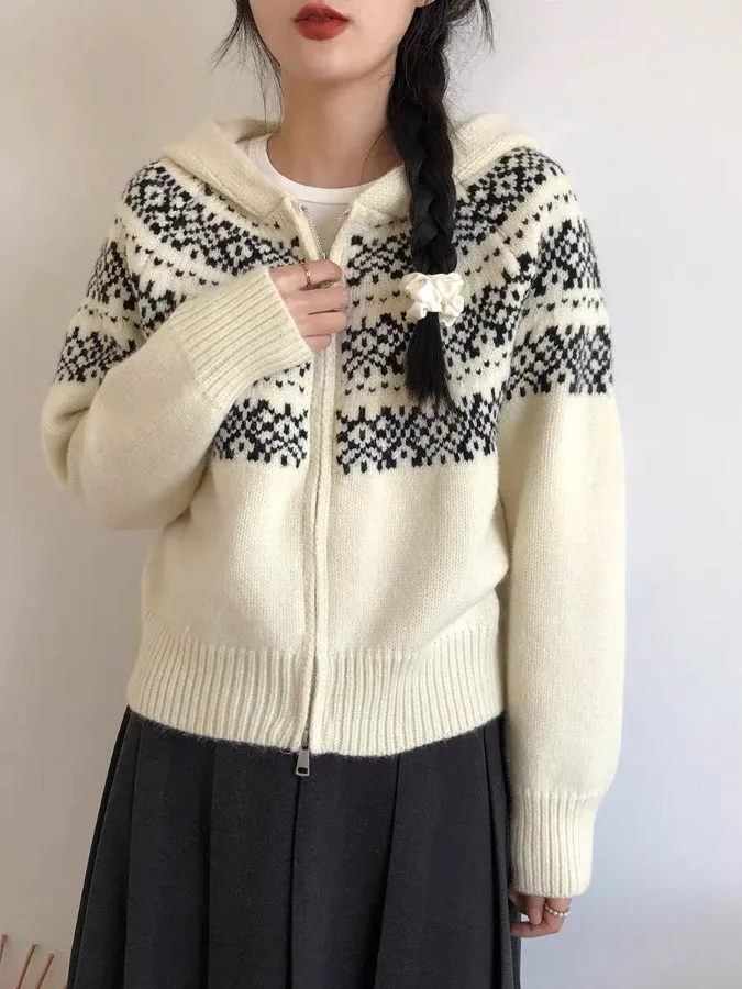 

Soft Cozy Women's Knitted Hat Sweater Outerwear Autumn Winter Zipper Hooded Open Cardigan Coat Feifei Island Laid-ba Sle