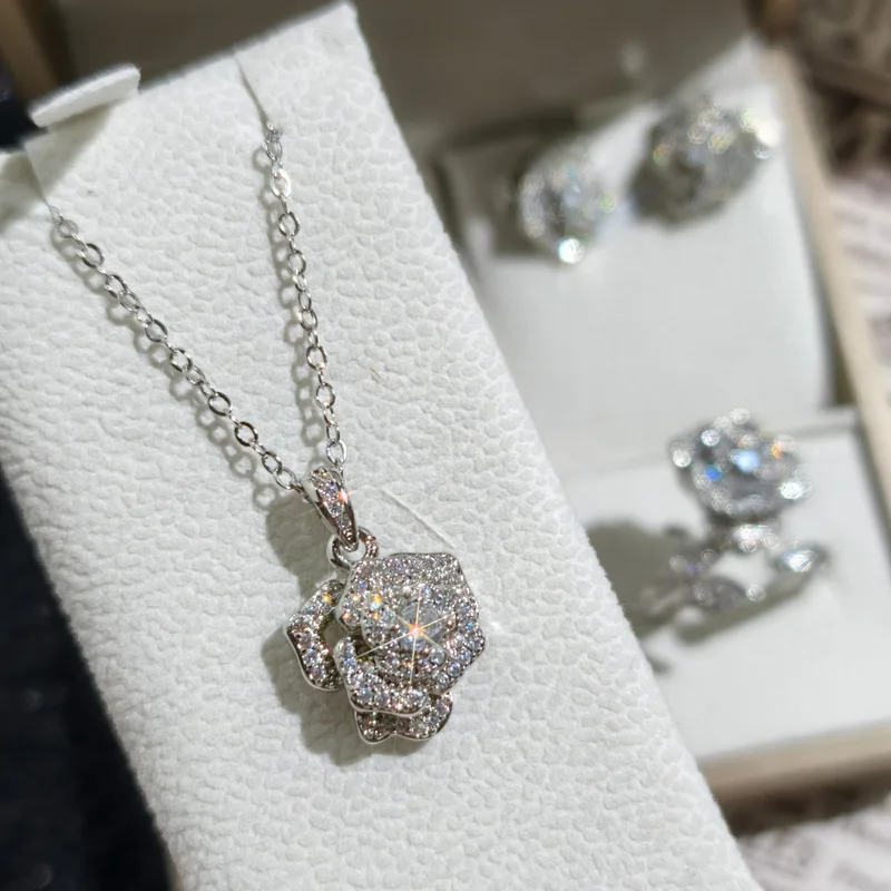 Geometric micro-set with diamonds luxury rose flower ladies engagement ring 925 sterling silver ear stud pendant jewelry