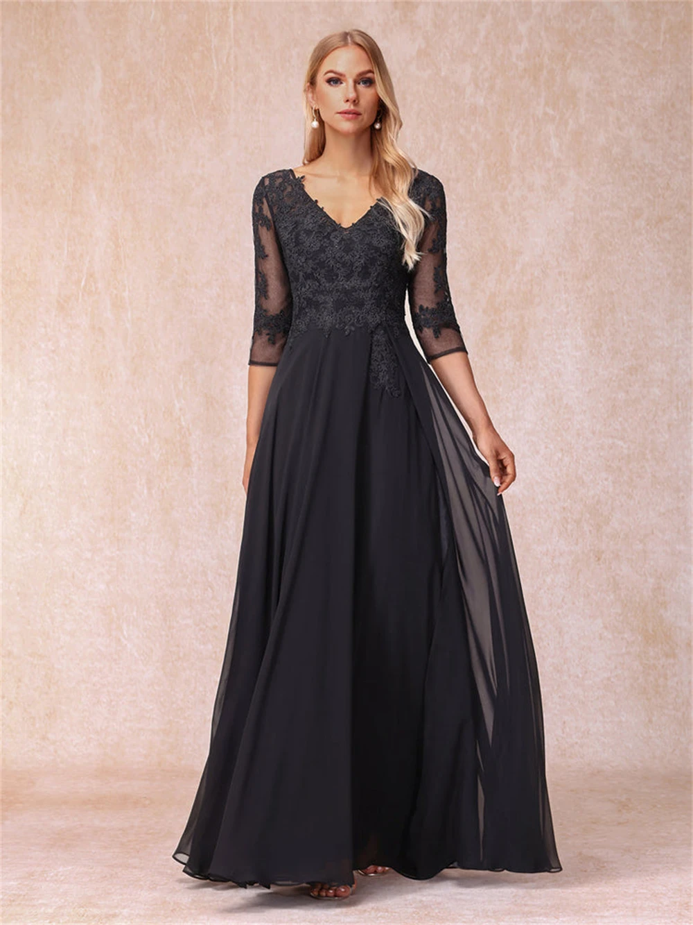 Simple Lace Appliques V-Neck Chiffon Mother of the Bride Dresses With Wedding Three Quarter Sleeves A-Line Formal Evening Gowns