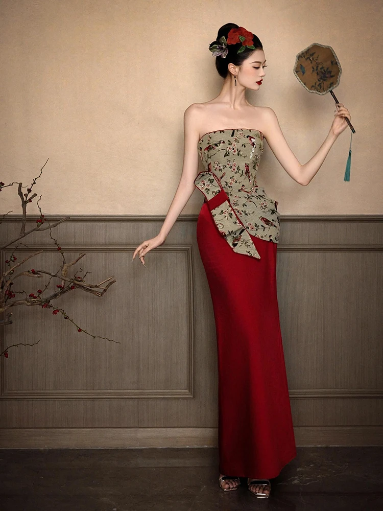

New Chinese Sle Evening Gown 2025 New Version Sling Ne Bridal Morning Robe Retro Engagement Ceremony Drinking Suit Weddin...