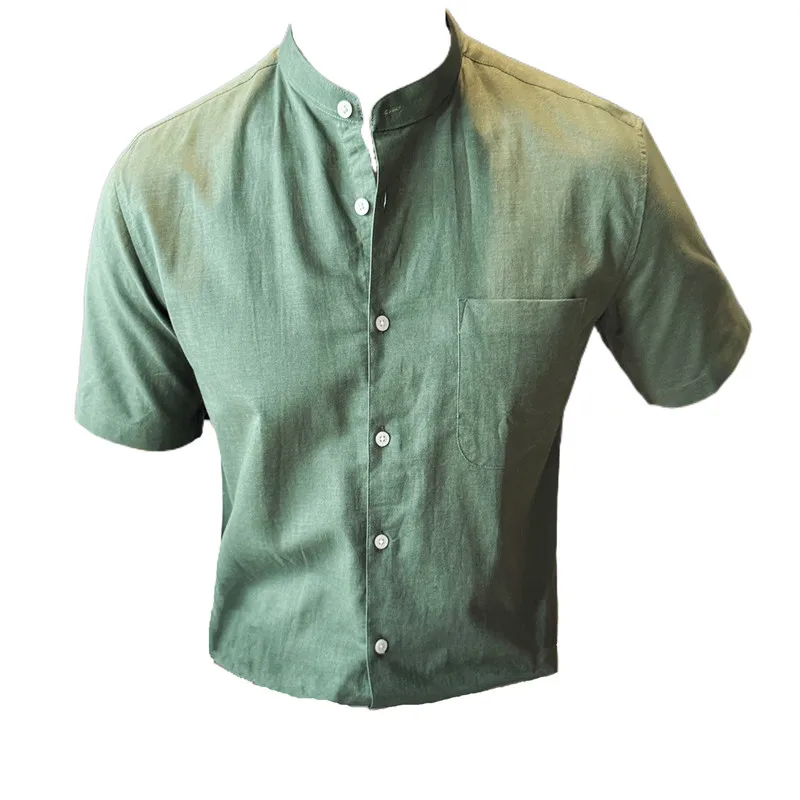 Camisa blanca de lino para hombre, camisa de manga corta con cuello levantado, transpirable, fina, de algodón, de diseñador chino, para verano, 2024