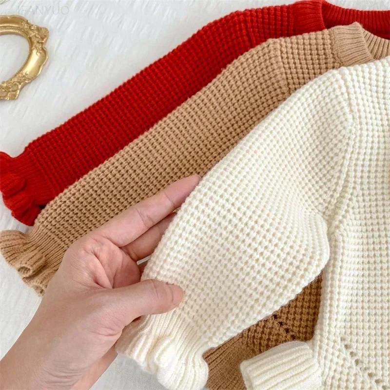 Spring Autumn Children Sweater Versatile Lotus Leaf Skirt Long Sleeved Bow Girls Sweaters Winter Korean Newborn Baby Knitted Top image 4