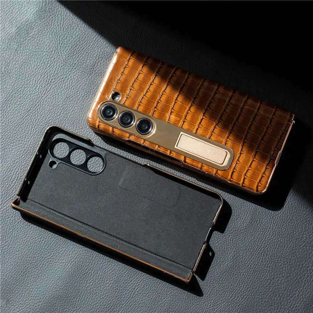 Funda de cuero de vaca genuino para Samsung Galaxy Z Fold5, cubierta de bisagra con soporte de película de vidrio