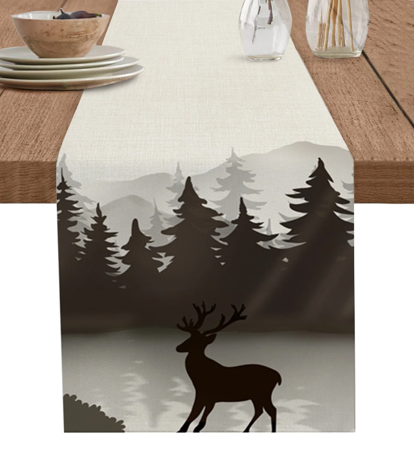 Animal Cartoon Forest Deer Black Brown Table Runner Kitchen Xmas Decoration Tablecloth Home Party Table Cover 4/6PCS Placemats