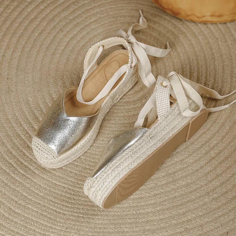 Large Size High Heel Sandal for Women Big High-heeled Hemp Fabric Rubber PU Slides Hoof High Heel Sandal for Women Large Size H