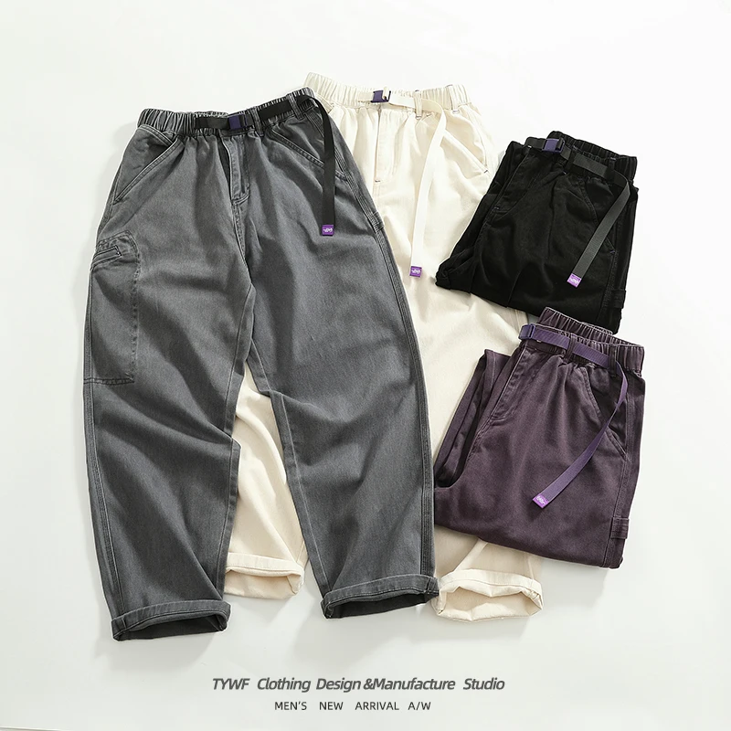 

Японские тяжелые свободные прямые повседневные брюки с микроконусом, мужские хлопковые брюки в стиле ретро с фиолетовой этикеткой