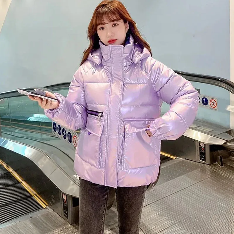 New Women, No-wash Glossy Down Cotton Jacket Korean Long Padded Cotton Coat, Thicke Warm Winter Female Hooded Parker Overcoat