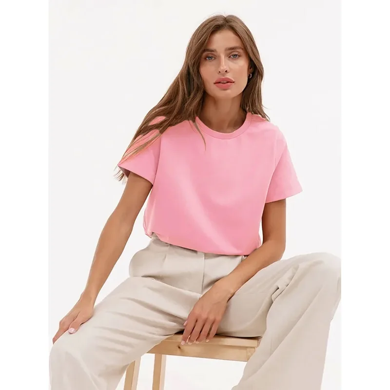 Classic Round Neck Solid T-shirt Summer New Simple Loose Fashion Pure Cotton Texture Base Top Women's Casual Short Sleeve Blouse