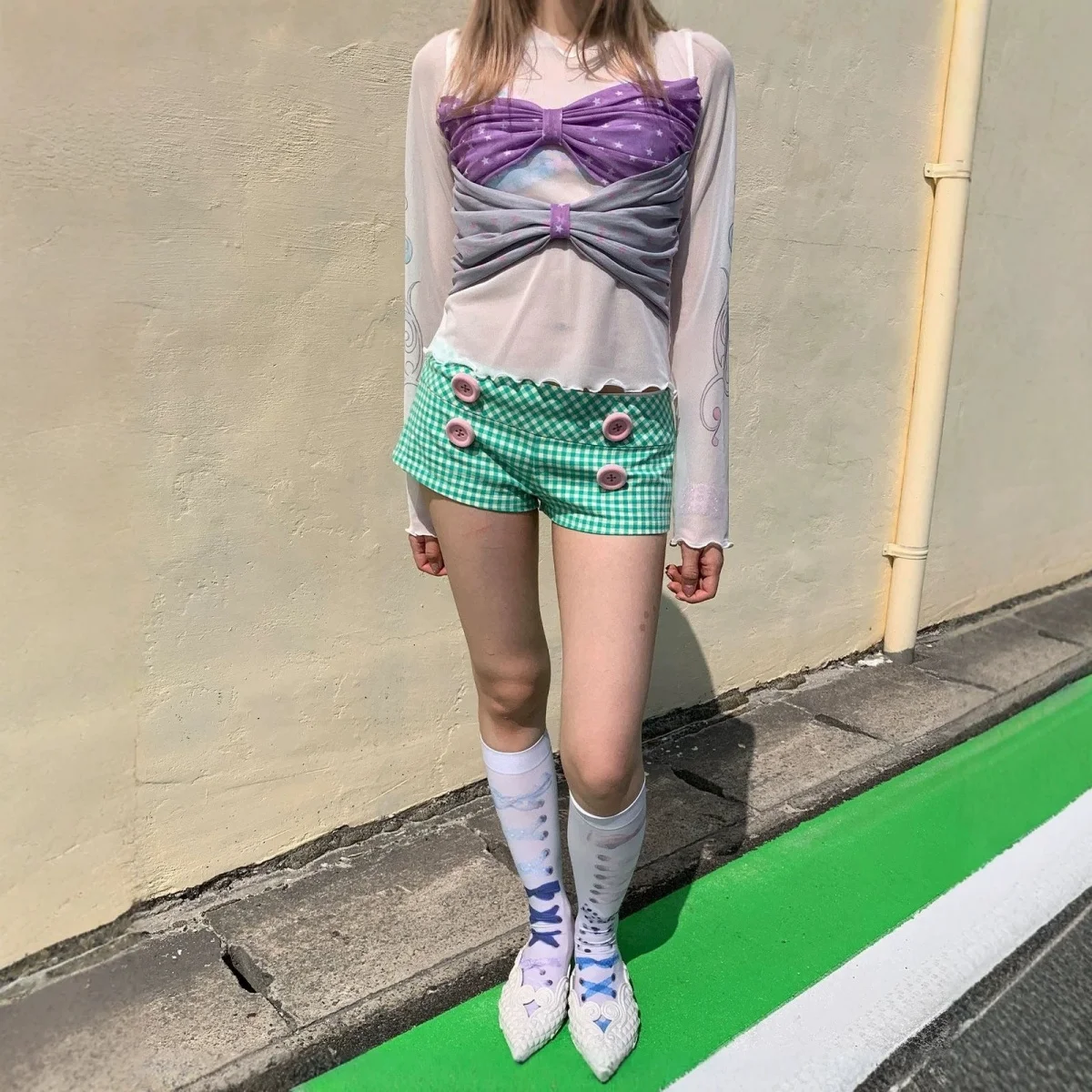 Y2K Mint Green American Retro Fresh Plaid High Waisted Shorts Sweet Girls Circular Button Design Subcultural Street Decoration