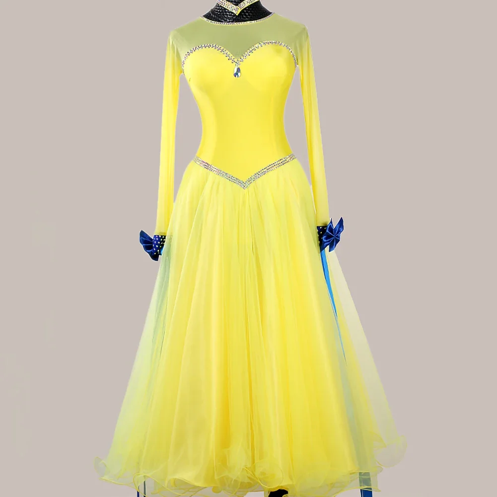 

High Quality Ballroom Dance Competition Dress Yellow New Round Neck Ball Dress Ribbon dark blue Waltz Black Costume