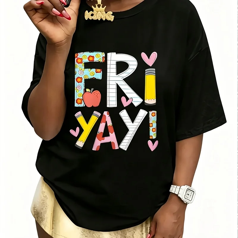 Fri-Yay Happy Friday Funny Weekend Teacher Back to School Women's 100% Cotton T-Shirt Short Sleeve Top Casual Round Neck Fun Print Tee S-5Xl