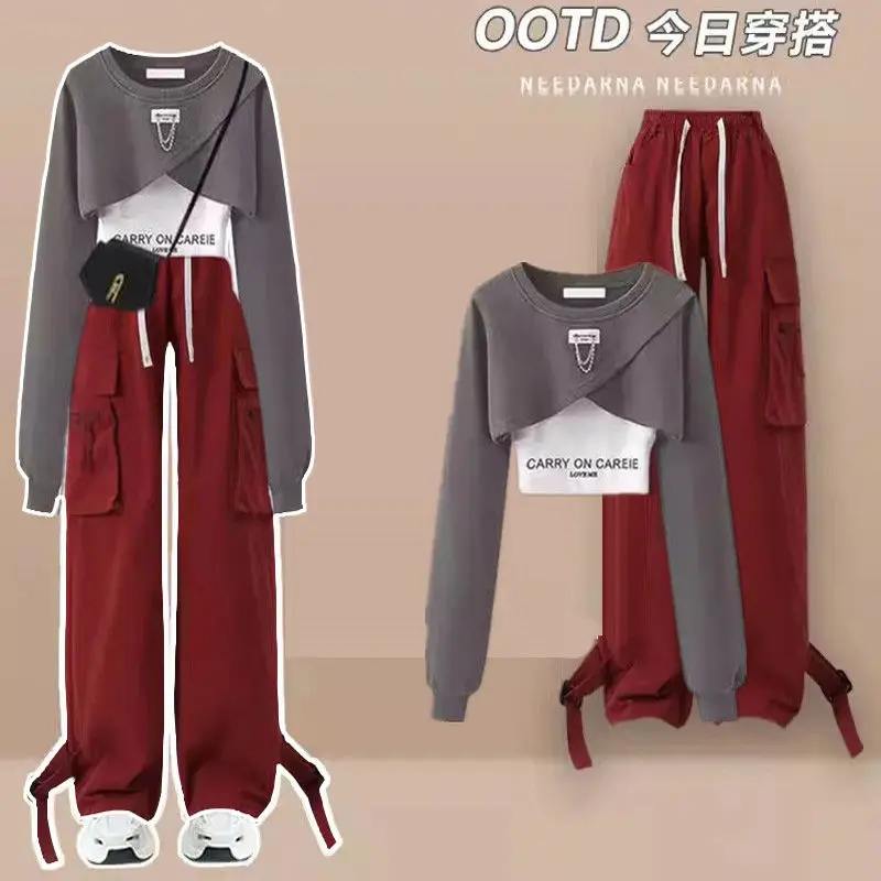 Set di stile di lavoro primaverile e autunnale per Top da donna con Design allentato coreano + bretella + pantaloni a gamba larga da lavoro Set di