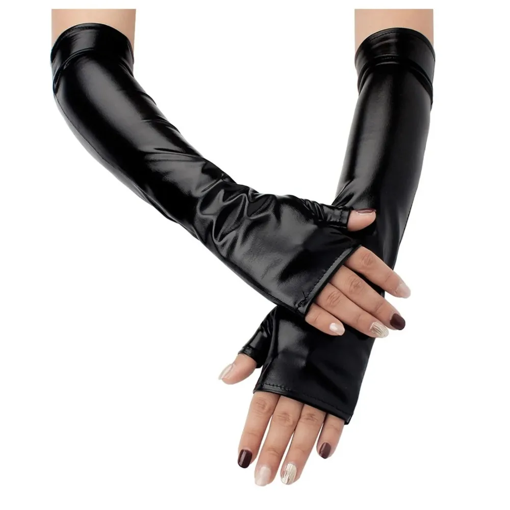 Sexy Fake Leather Metallic Gloves Gold Silver Elbow Length Latex Gloves Long Gloves Evening Party