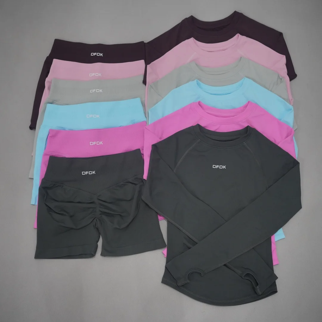 DFDK Women Seamless Long Sleeve 2PCS Set High Elastic Tummy Control Quick Dry Breathable Yoga Running Gym Fitness Shorts Activew