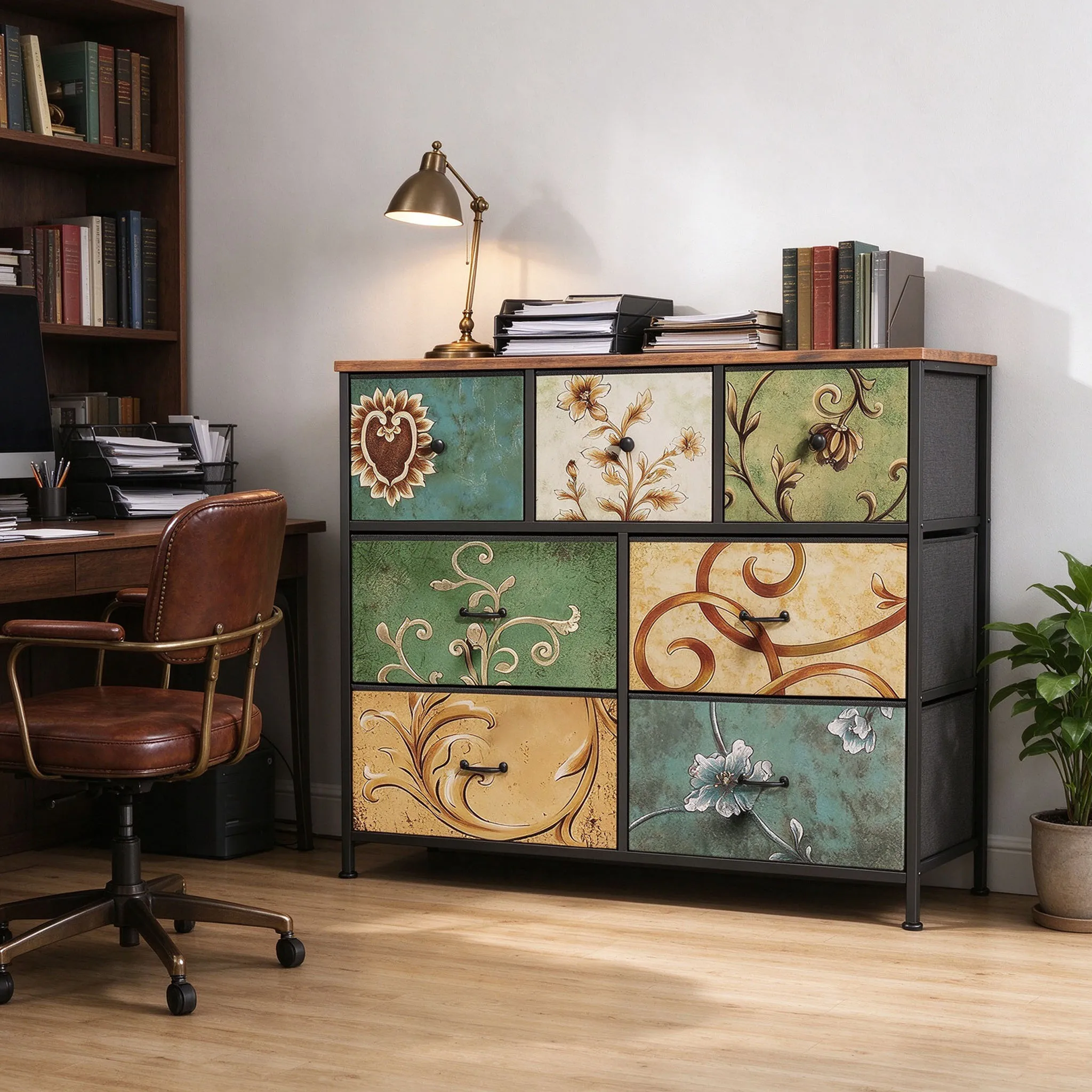 Cassettiera Superaly con 7 cassetti, mobile contenitore, cassetti in tessuto con stampa floreale vintage, mobiletto organizer con struttura in metallo e piano in legno, ideale per camera da letto,