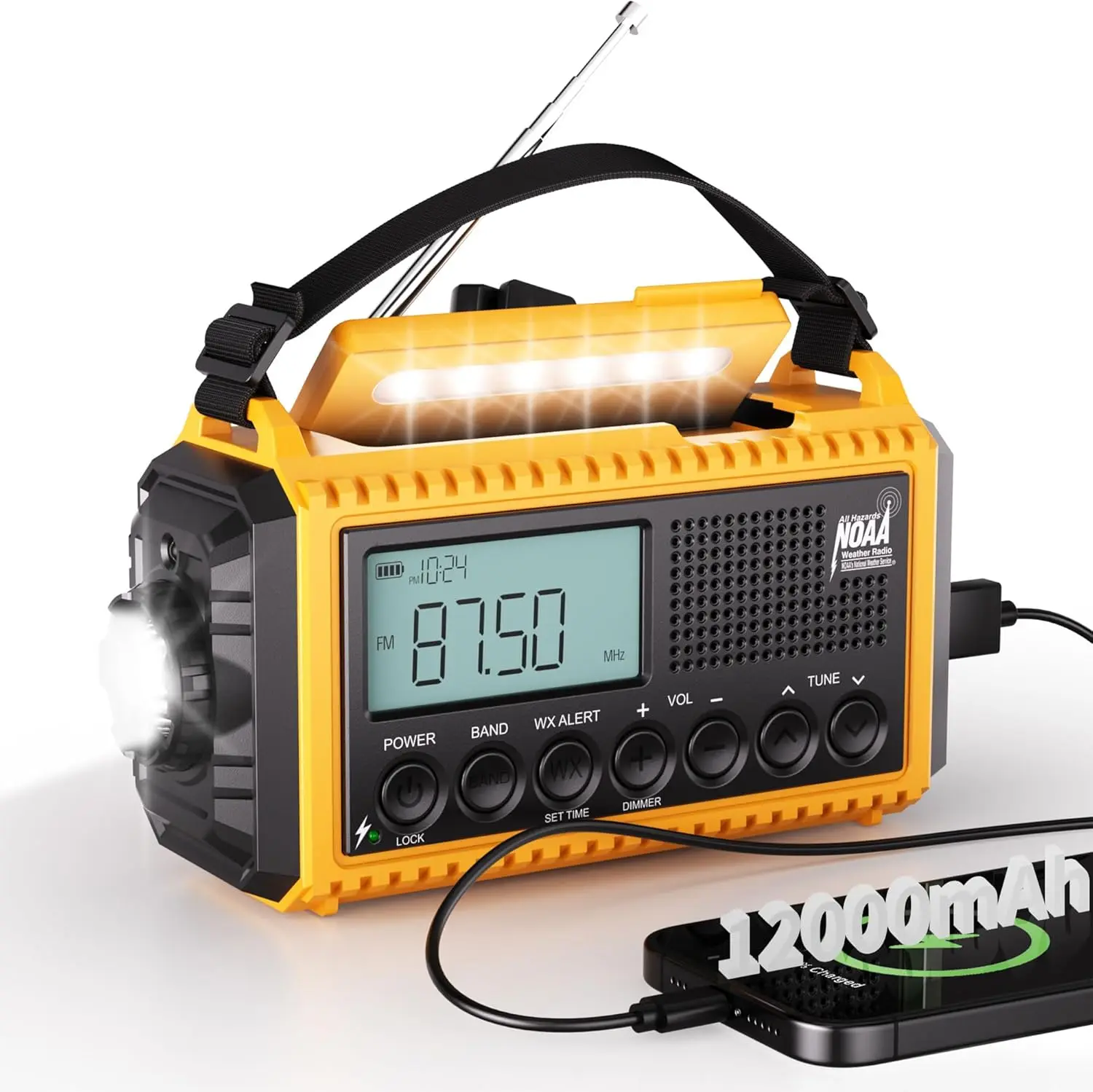 

Emergency Radio with NOAA Weather, AM/FM/SW, Solar Power, Crank Charger, Flashlight & Phone Charger, Backlit LCD Display