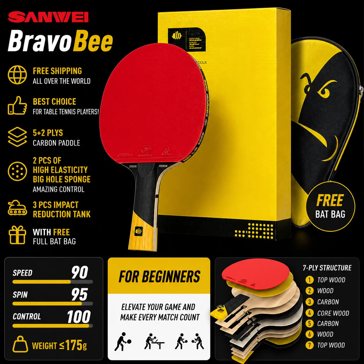 オリジナルsanwei-bravobeeカーボン卓球ラケット、プロ仕様卓球パドル