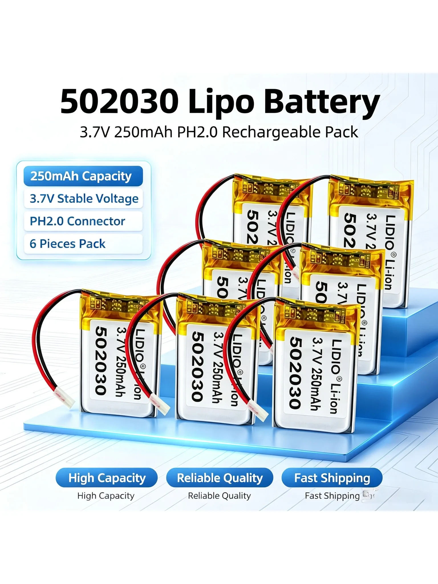 502030, akumulator litowo-polimerowy 3,7 V, 300 mAh, do ładowania, z wypustkami PH2,0 mm, przeznaczony do ładowania etui słuchawek Bluetooth i bezprzewodowej myszy. — zdjęcie produktu 7