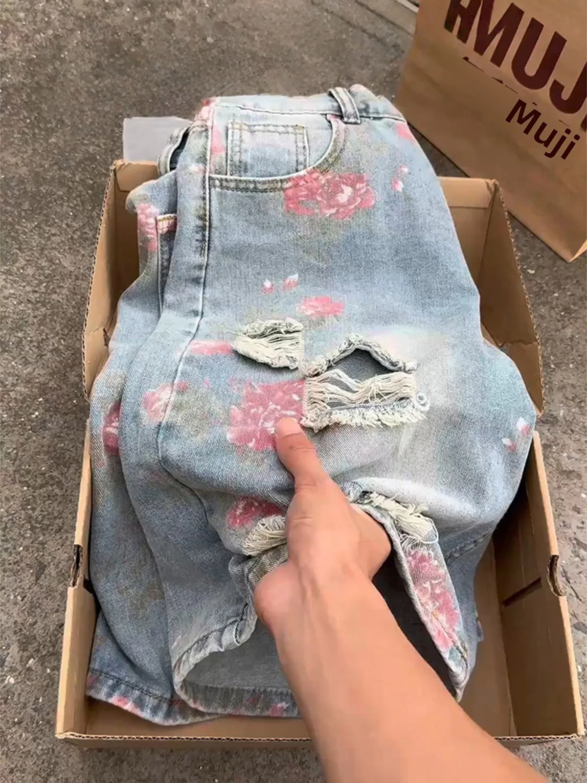 Premium Floral Print Distressed Straight Leg Denim Shorts Men's Summer Slim Fit Five-Point Pants Vibe Casual mid Waist Jeans