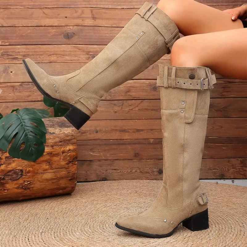 Cowhide Suede Ankle Boots 2026 Spring/summer Vintage Thick Heel Slimming Pointed Toe Leather Strap Pleated Boots for Women