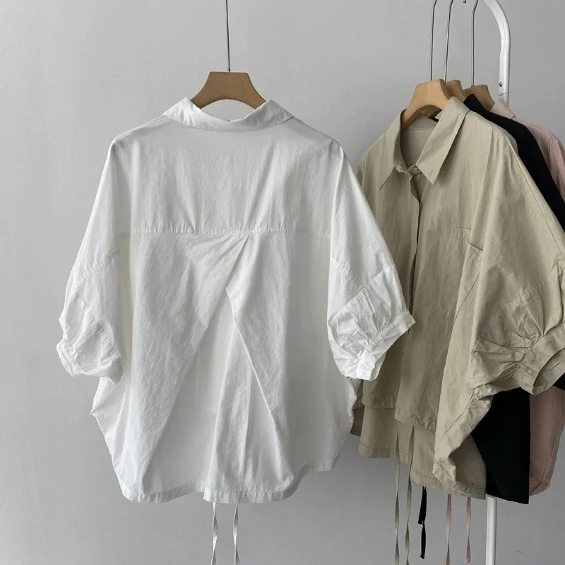 

Summer Women's Clothing Slimming 3D Effect Casual Wear Lolita Style Blouse For Woman Soft Satin Neck Regular Fit Top