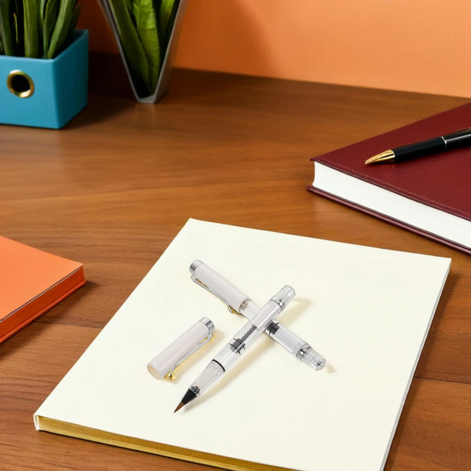 Fountain Brush Pen Set 2pcs with Piston Fill, Soft Flexible Tip, Refillable for Calligraphy Drawing Sketching