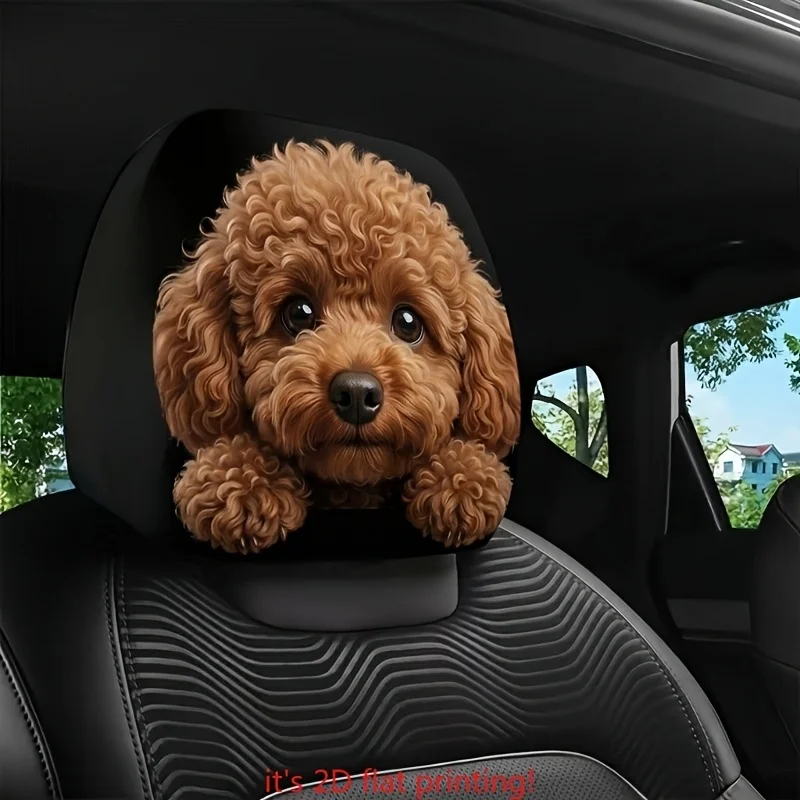 2pcs 2D Flat Printing Cute Poodle Dog Car Headrest Cover Pet Theme Seat Protector Auto Interior Accessories Decor for Drivers