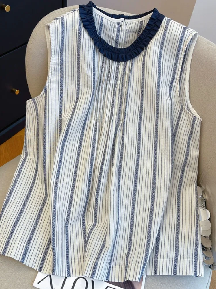 

Striped Sleeveless Blouse With Navy Ruffle Collar for Women - Summer Oversized Elevated Outerwear Tank Top Chic