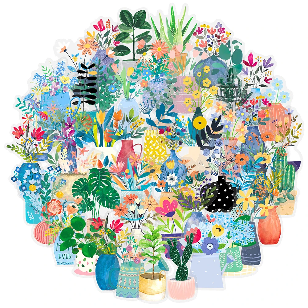 

10/30/50pcs Creative Flower Pot Plant Cartoon Stickers Transparent Graffiti Sticker Luggage Phone Laptop Waterproof Decals Decor