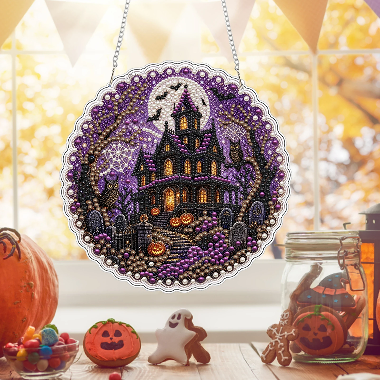 Diamond Painting Pendant DIY Kit 20cm Halloween Double-Sided Crystal Drill Hanging Window Decoration Ornament
