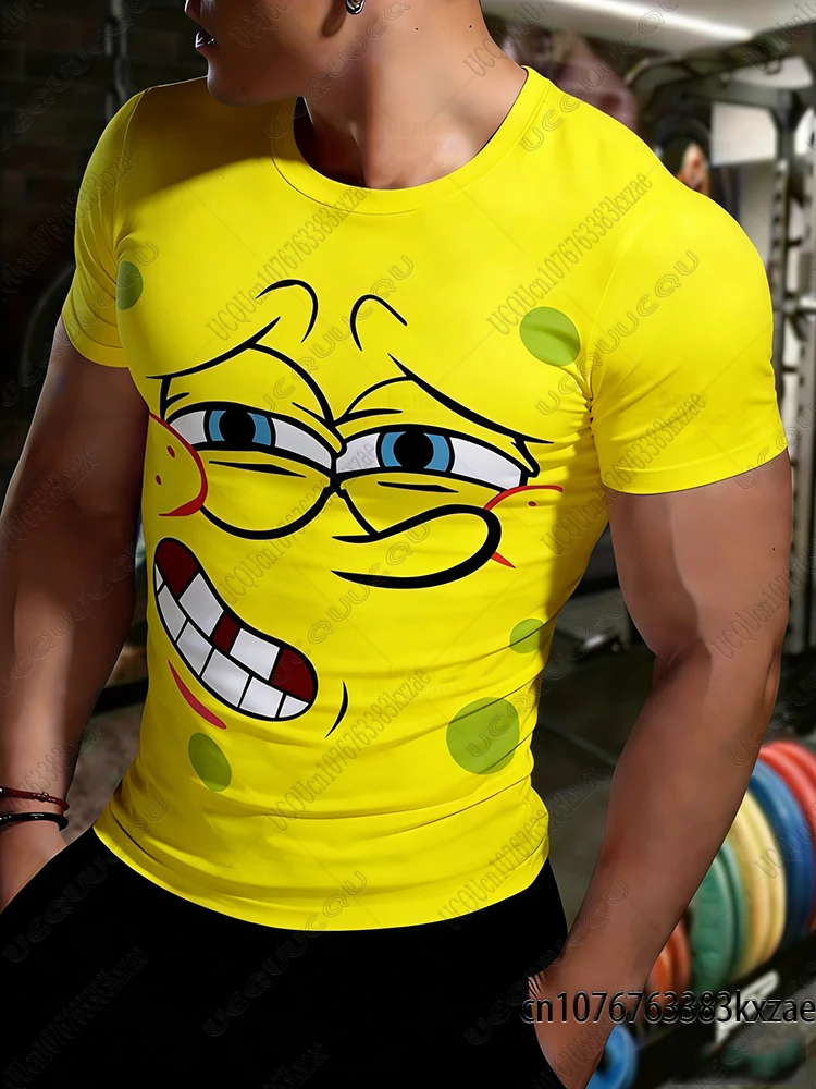 Camisetas de fitness para hombre, novedad de verano 2026, camisetas con estampado de dibujos animados de Bob Esponja, camisetas de musculación, camisetas transpirables para Jiu Jitsu, ropa para hombre