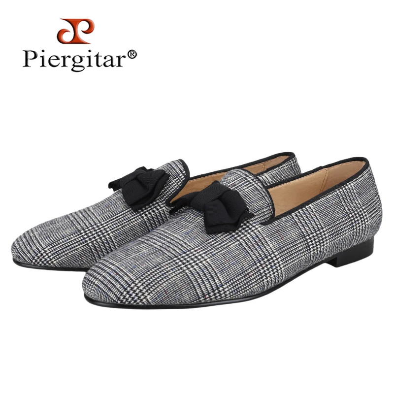 Piergitar Gray Color Gingham Printing Smoking Slippers For Party/Prom Handmade Black Bow Tie Slip-On Loafers Men's Casual Shoes