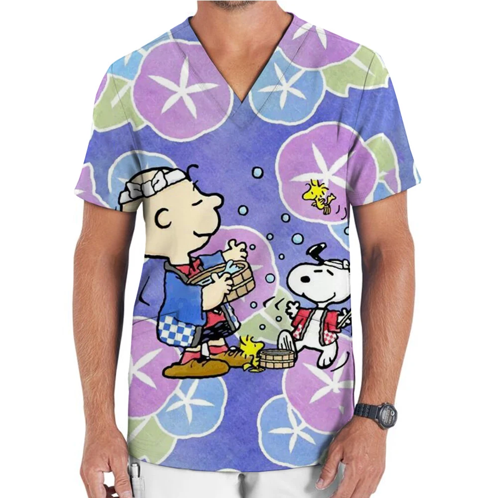 Medical uniform men's nurse Snoopy printed frosted cloth solid V-neck short sleeved shirt hospital top surgical gown men's denti