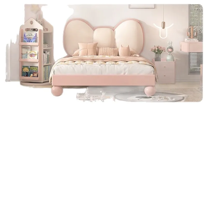 Solid wood bed modern simple girl princess bed pink bedroom furniture soft bag bow child bed