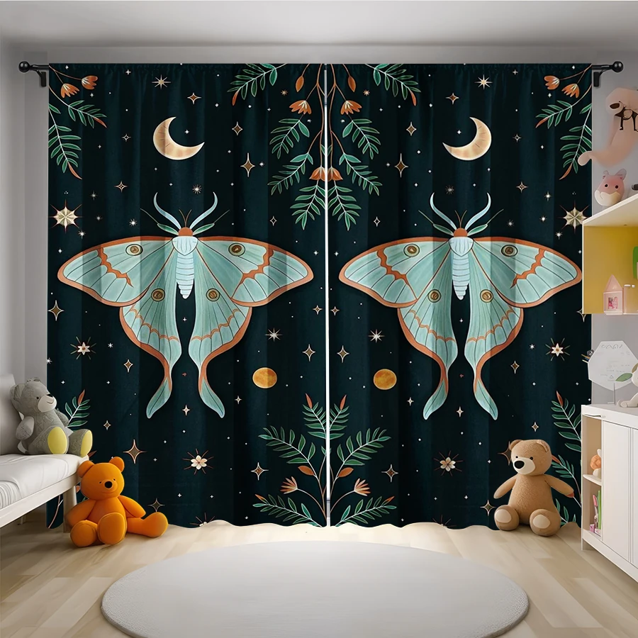 2PCS Digital Print Curtain, Moth Moon Plant Stars Dark Teal, Mystic Celestial Boho Gothic for Living Room Bedroom Decor