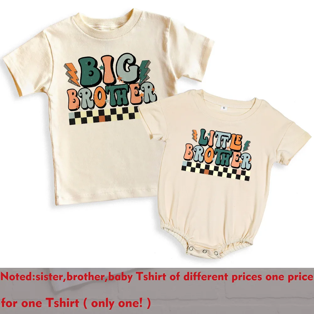 Big Brother Little Brother Print Family Matching Shirt Sibling Tops Outfit Retro Brother Sister T-shirt Baby Large Bubble Romper