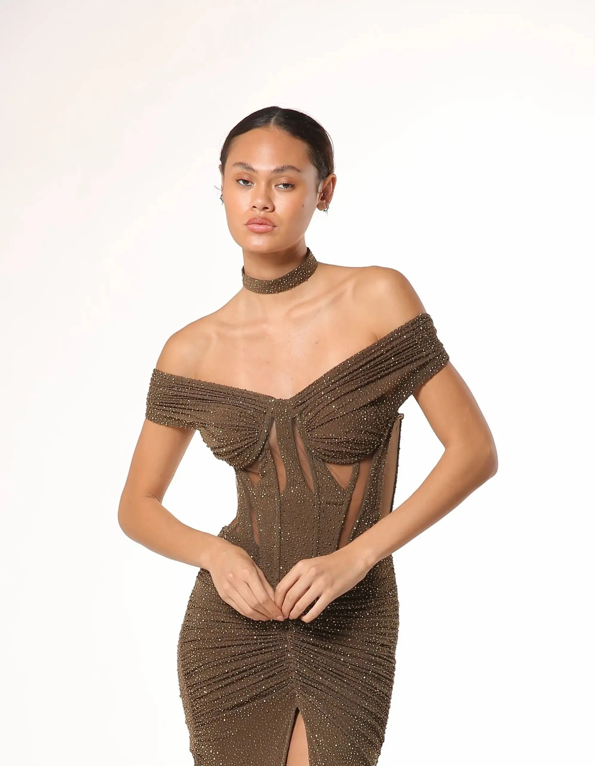 Bronze Women Formal Evening Gowns Sequin Cutout Maxi Dress Elegant Party Dresses Evening Dresses Luxury Halter Neck Prom Dresses