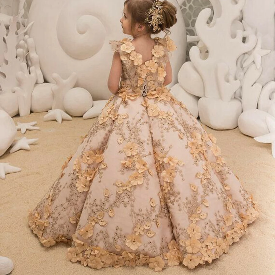 Luxurious Puffy Princess Flower Girl Dresses 3D Flowers Satin Appliques Wedding Party Birthday Child Long Pageant Ball Gowns