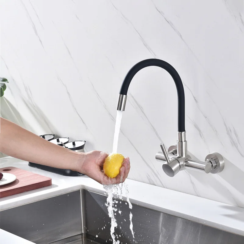 Stainless Steel Kitchen Faucet Universal Telescopic Silicone Tube Hot Cold Water Sink Mixer 360° Rotate Wall Mount Thread G1/2'