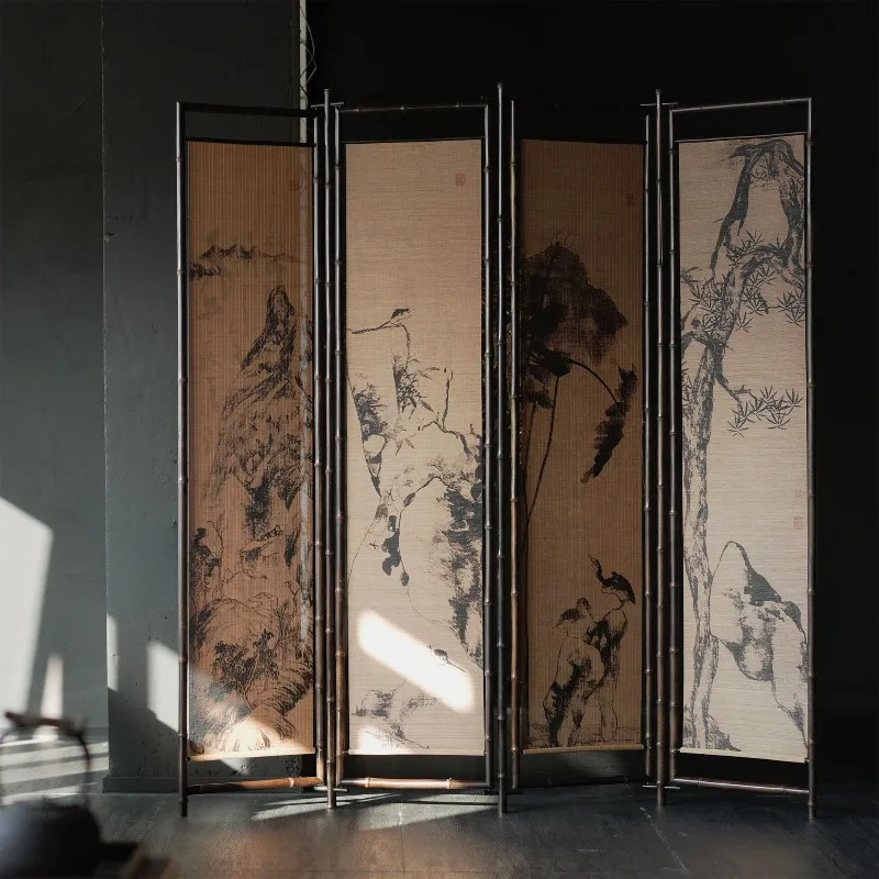 Classical purple bamboo filament screen, tea room space, Chinese partition entrance folding mobile folding folding screen