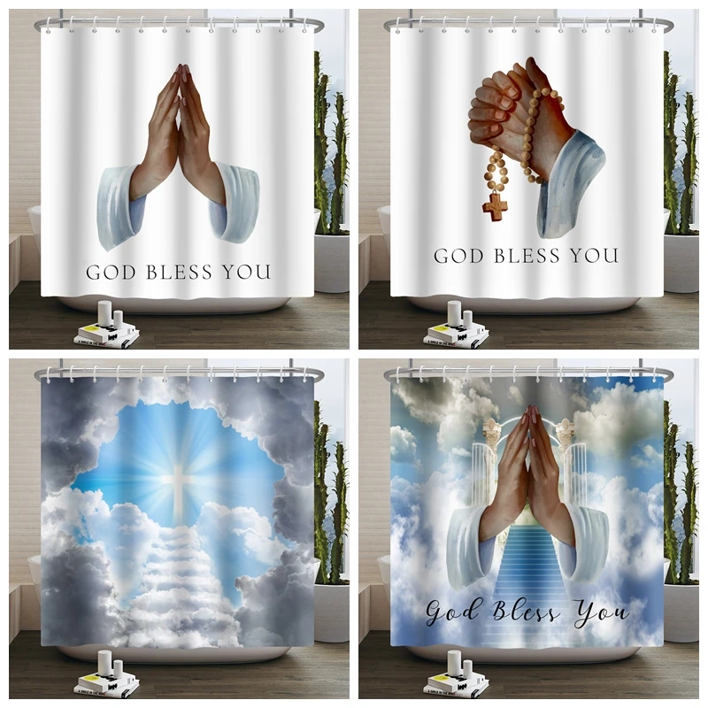 

God Bless You Shower Curtain Waterproof Fabric Polyester Bathtub Screen Buddhism Home Bathroom Decor with Hooks 180x240