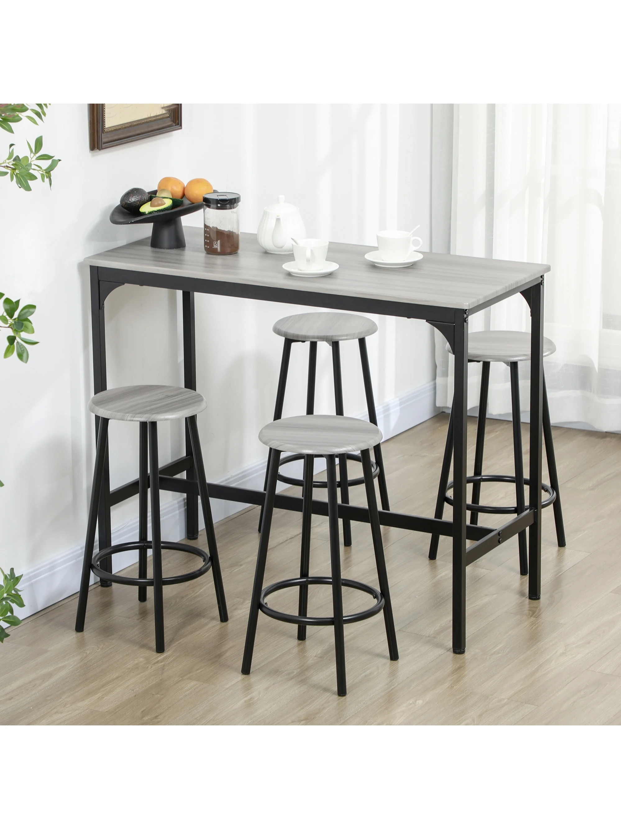 HOMCOM Set de Bar en 4 Taburetes Estilo Industrial Metal voor Cocina Salon Gris en Negro - afbeelding 2