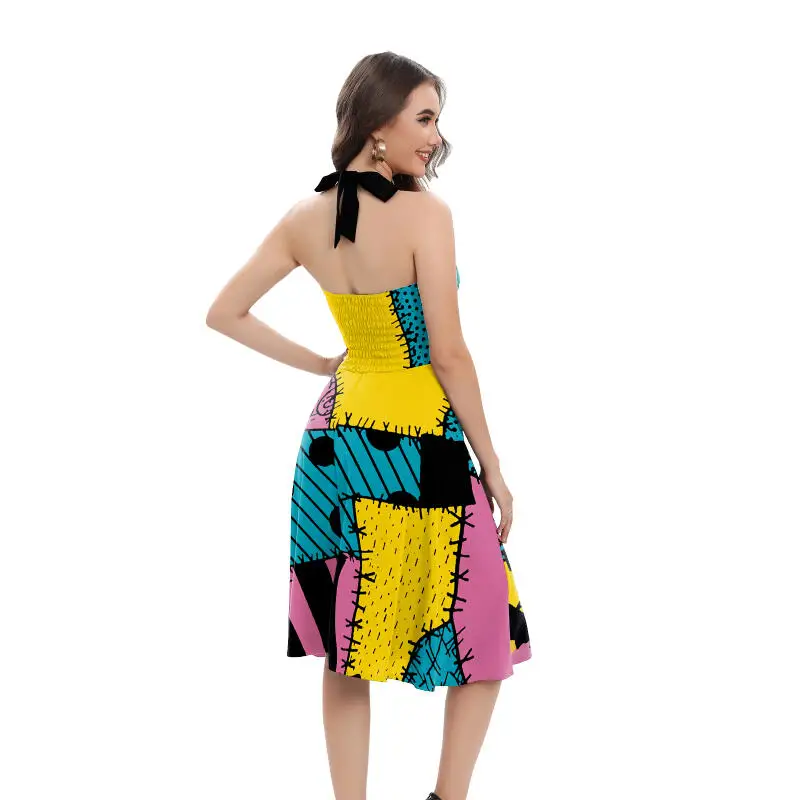 Halloween Sally Kostüm für Damen, Neckholder-Kleid mit Rückenband, A-Linien-Schwingkleid, Patch-Print, Retro-Kleid, Ausgefallene Karnevalsparty-Outfits – Detail 8