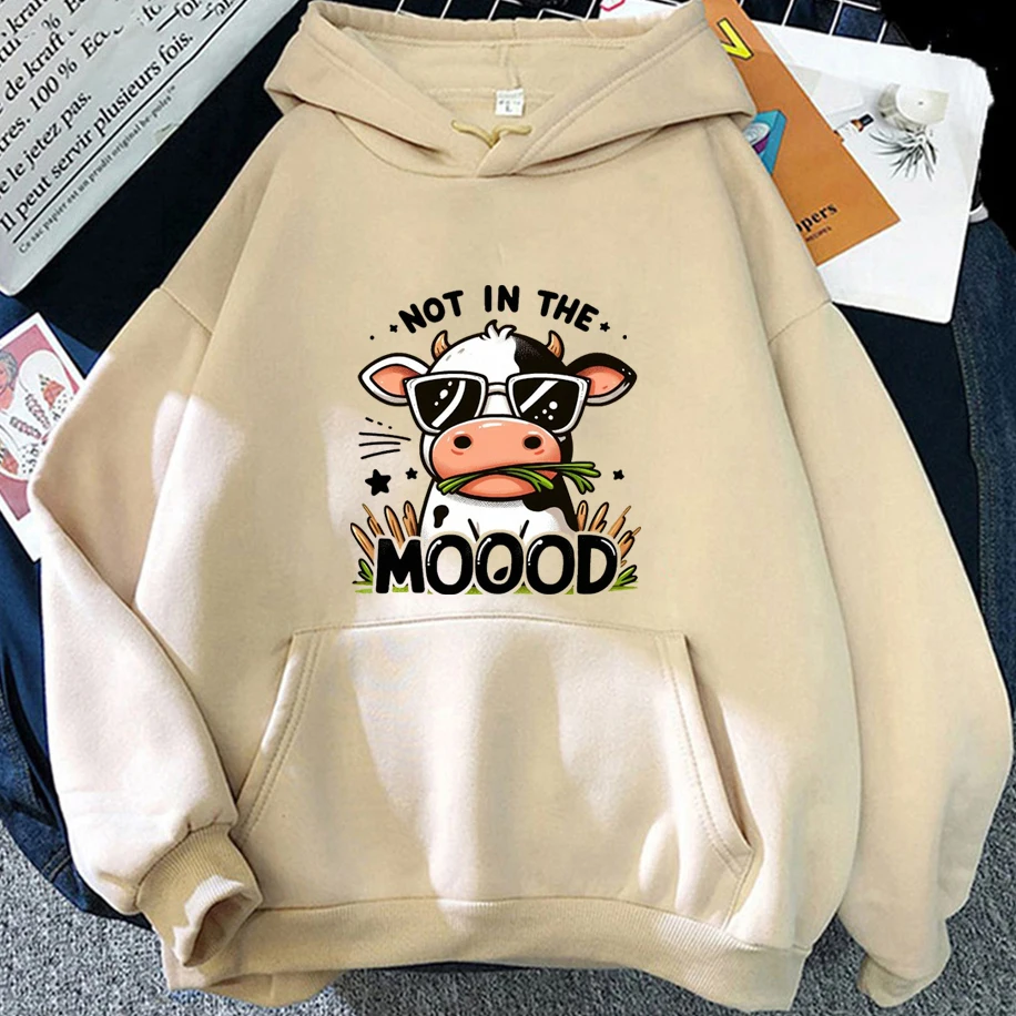 

Cool Cow Patterned Men Women Hoodie Funny "Not In The MOOOD" Graphic Design Unisex Top Cartoon Personality Retro Soft Sweatshirt