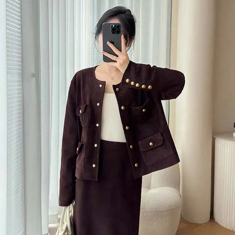 

Высококачественная замшевая кожаная куртка с круглым вырезом для женщин, зимнее пальто с карманами для похудения, женский комплект пальто и юбки