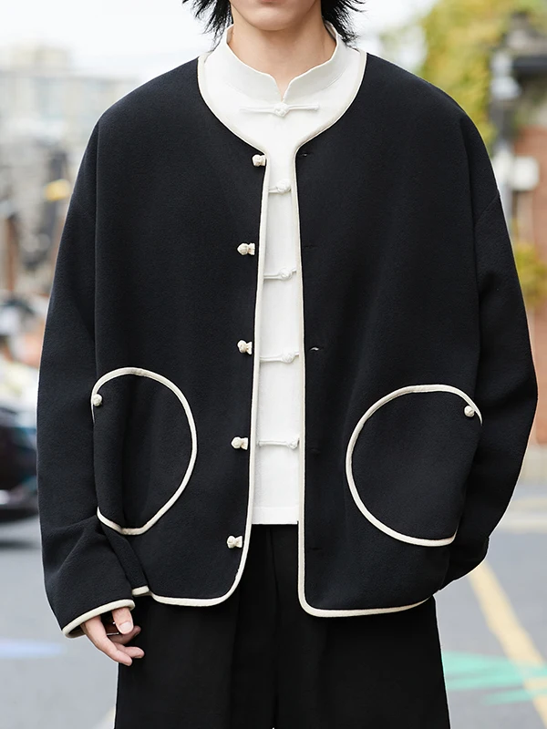 

Loose Fit Fce Jaet Men's Chinese Sle Button down Collar Couple's Jaet Big Size No Collar Personali Youth Trend Pol...