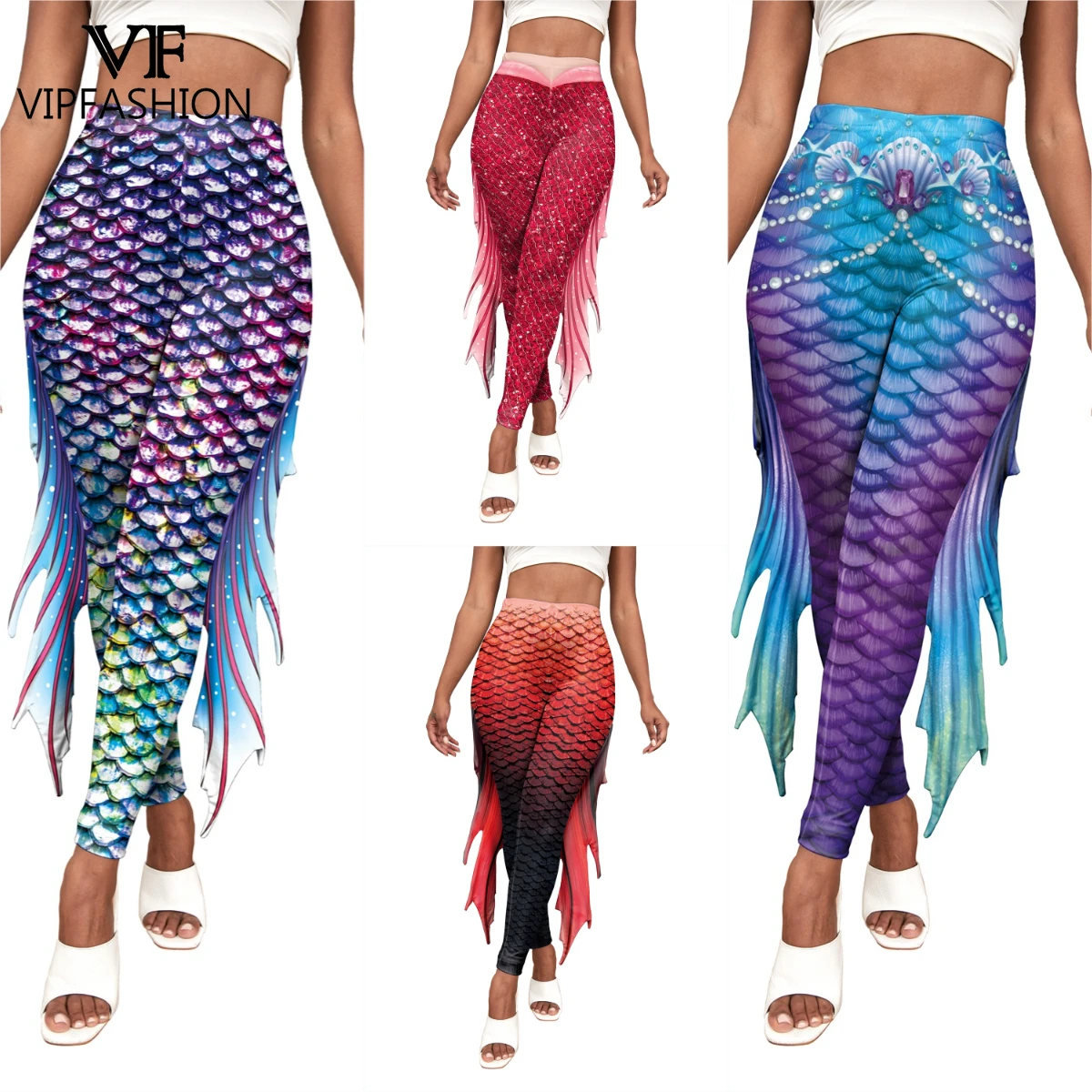 

VIP FASHION Mermaid Fish Tail Printed Leggings Women's Scaled Pattern Cosplay Pants Halloween Party Leggings Fancy Costume