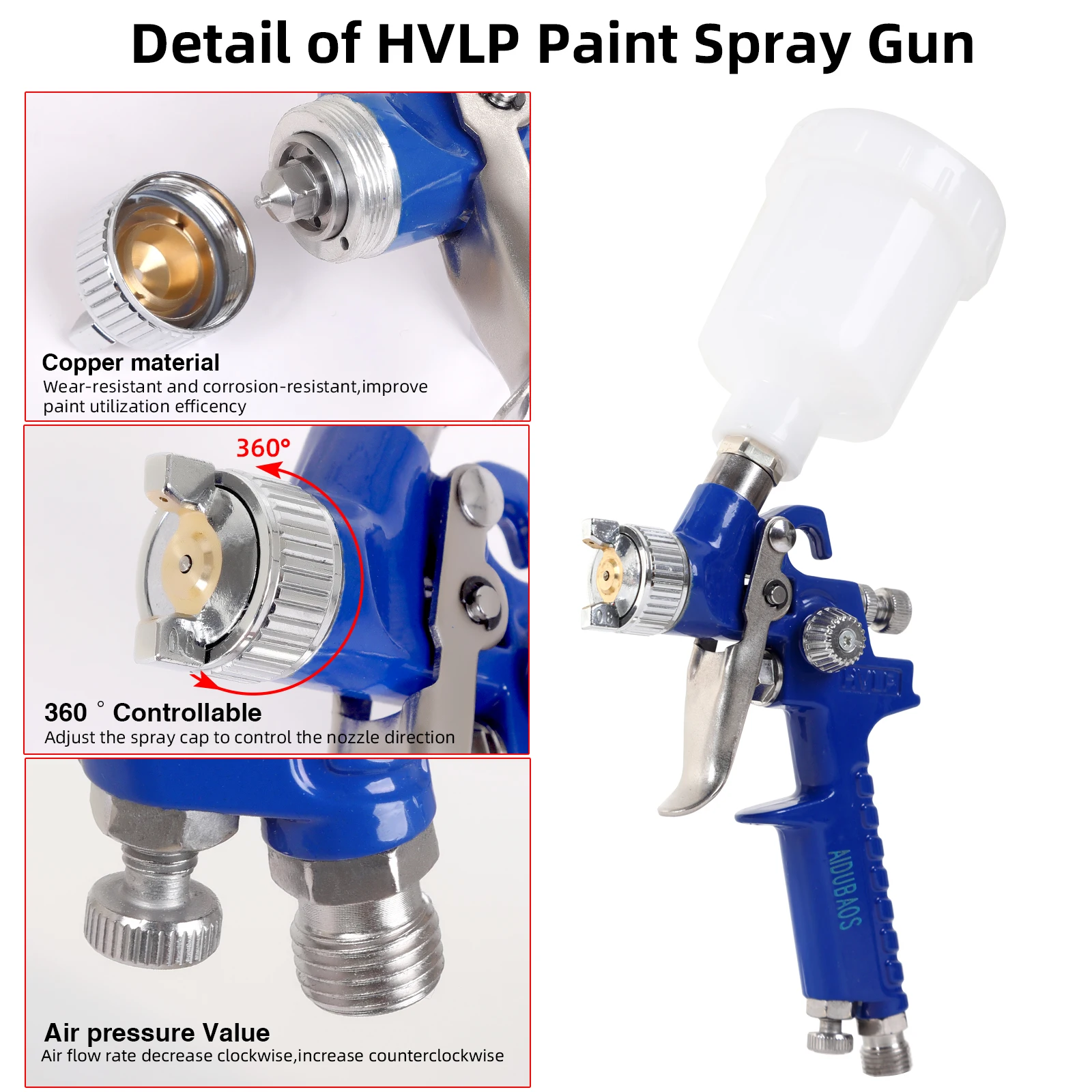 1.0mm 노즐 HVLP 미니 공압 스프레이 건 125ml 자동차 도색 수리용 중력식 에어 스프레이 페인트 건 H-2000A