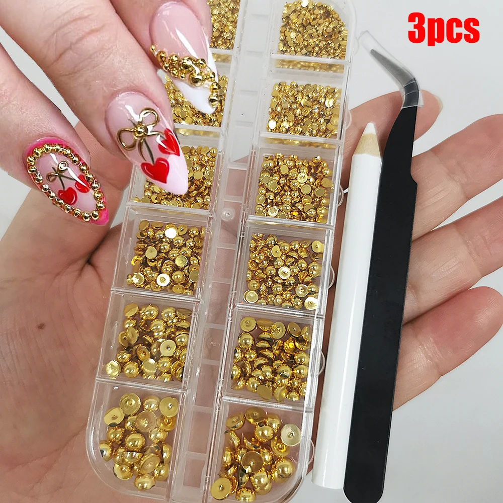 ثلاثية الأبعاد الخرز الذهبي مسمار الفن زينة مختلطة 2/3/4/5/6/8 مللي متر نصف جولة الذهب والمجوهرات/الكافيار/اللؤلؤ مسمار الراين DIY بها بنفسك مانيكير Supp